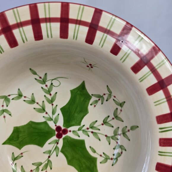 Los Angeles Pottery Laurie Gates Holiday Soup Bowl Green & Red Holly & Plaid - Picture 4 of 15